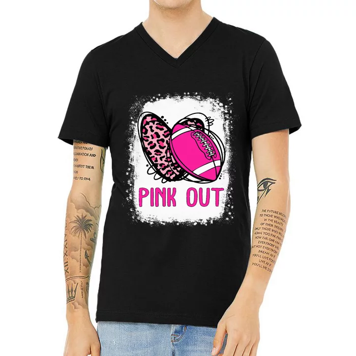 Breast Cancer Ribbon Out Football Heart Bleached V-Neck T-Shirt