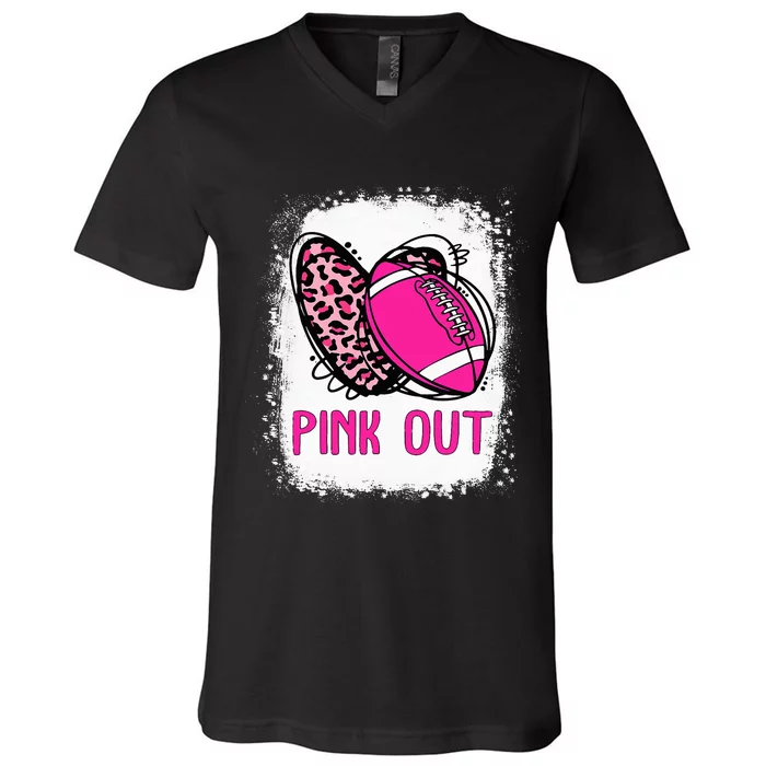 Breast Cancer Ribbon Out Football Heart Bleached V-Neck T-Shirt