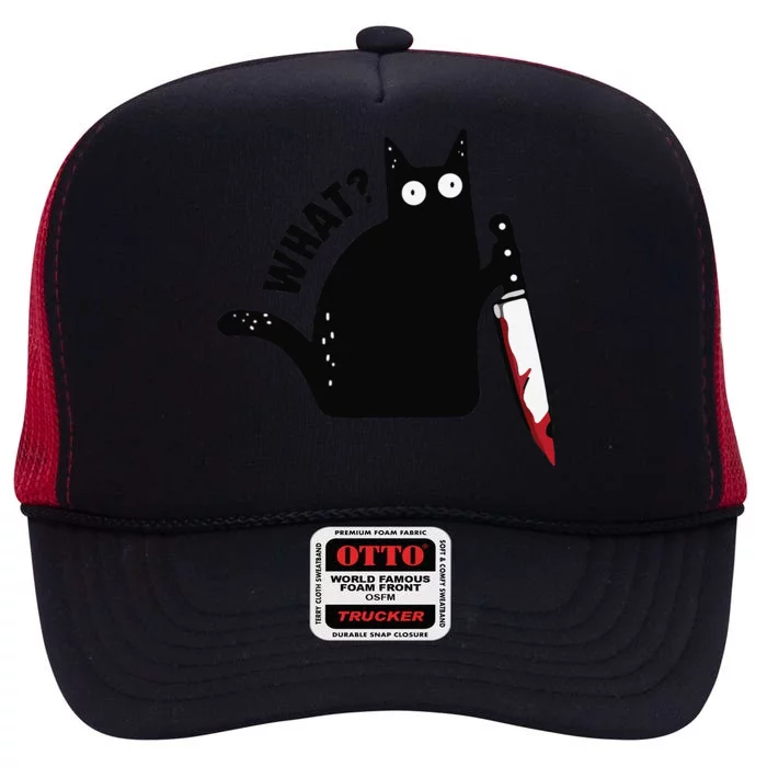 Black Cat Red Bloodstained Knife Challenges What Halloween High Crown Mesh Trucker Hat