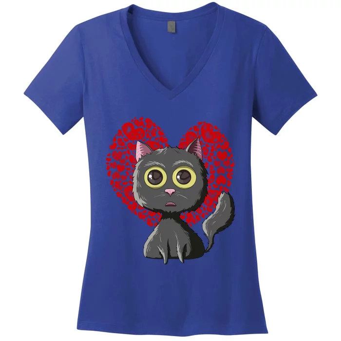 Black Cat Red Hearts Cute Cat Mom Valentines Day Cat Lovers Funny Gift Women's V-Neck T-Shirt