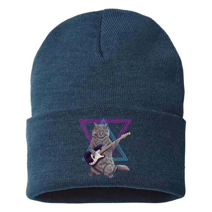 Bass Cat Rock Kitty On A Bass Guitar Sustainable Knit Beanie