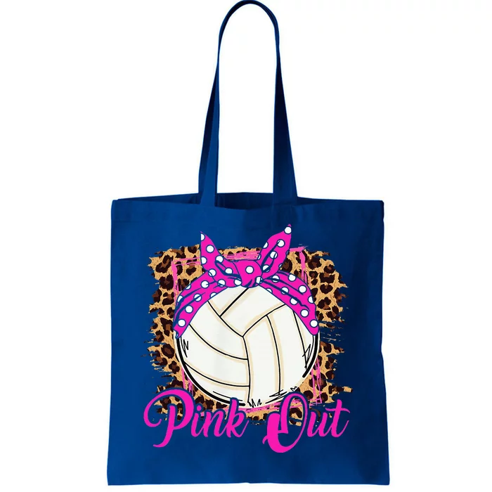 Breast Cancer Ribbon Pink Out Volleyball Pink Ribbon Leopard Tote Bag