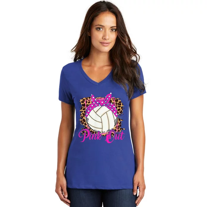 Breast Cancer Ribbon Pink Out Volleyball Pink Ribbon Leopard Women's V-Neck T-Shirt