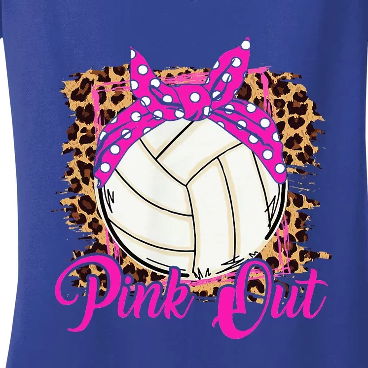 Breast Cancer Ribbon Pink Out Volleyball Pink Ribbon Leopard Women's V-Neck T-Shirt