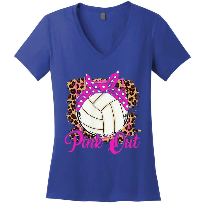 Breast Cancer Ribbon Pink Out Volleyball Pink Ribbon Leopard Women's V-Neck T-Shirt