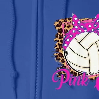 Breast Cancer Ribbon Pink Out Volleyball Pink Ribbon Leopard Full Zip Hoodie