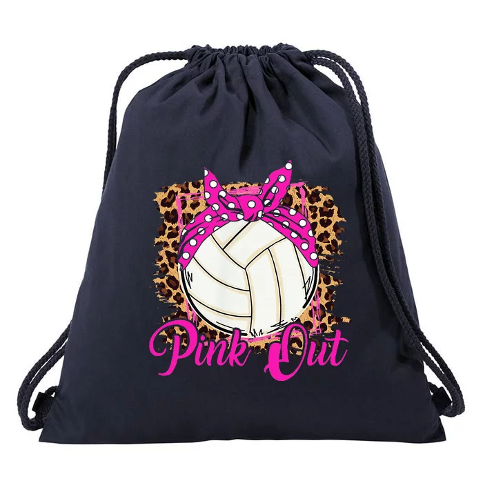 Breast Cancer Ribbon Pink Out Volleyball Pink Ribbon Leopard Drawstring Bag