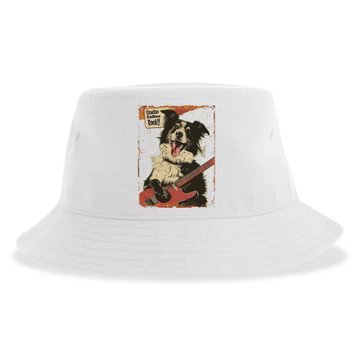 Border Collies Rock Vintage Band Guitar Design Sustainable Bucket Hat