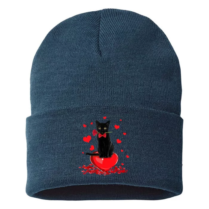 Black Cat Red Rose Valentines Day Sustainable Knit Beanie