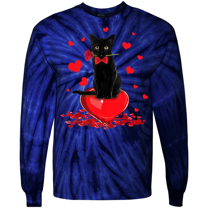 Black Cat Red Rose Valentines Day Tie-Dye Long Sleeve Shirt