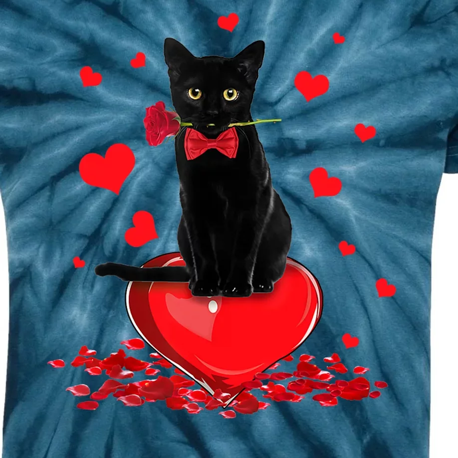 Black Cat Red Rose Valentines Day Kids Tie-Dye T-Shirt