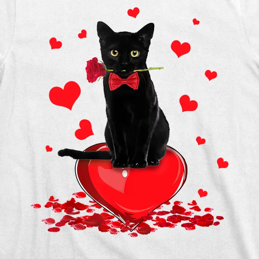 Black Cat Red Rose Valentines Day T-Shirt