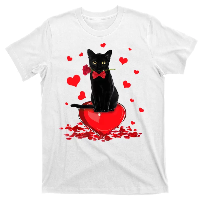 Black Cat Red Rose Valentines Day T-Shirt