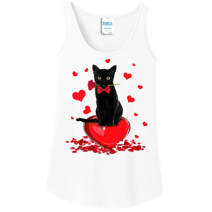 Black Cat Red Rose Valentines Day Ladies Essential Tank