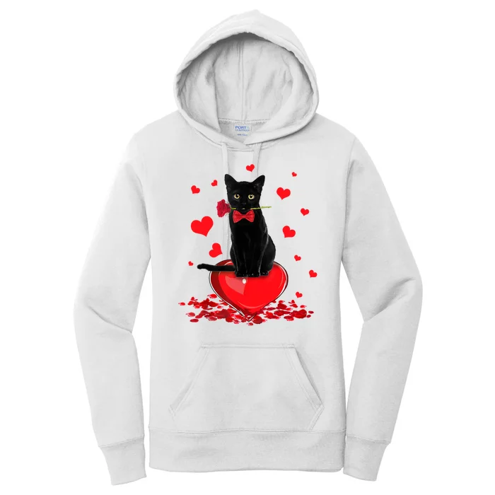 Black Cat Red Rose Valentines Day Women's Pullover Hoodie