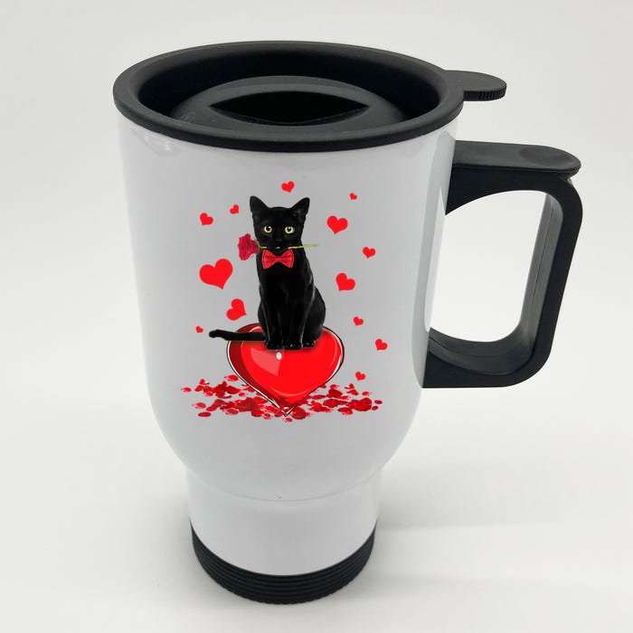 Black Cat Red Rose Valentines Day Front & Back Stainless Steel Travel Mug