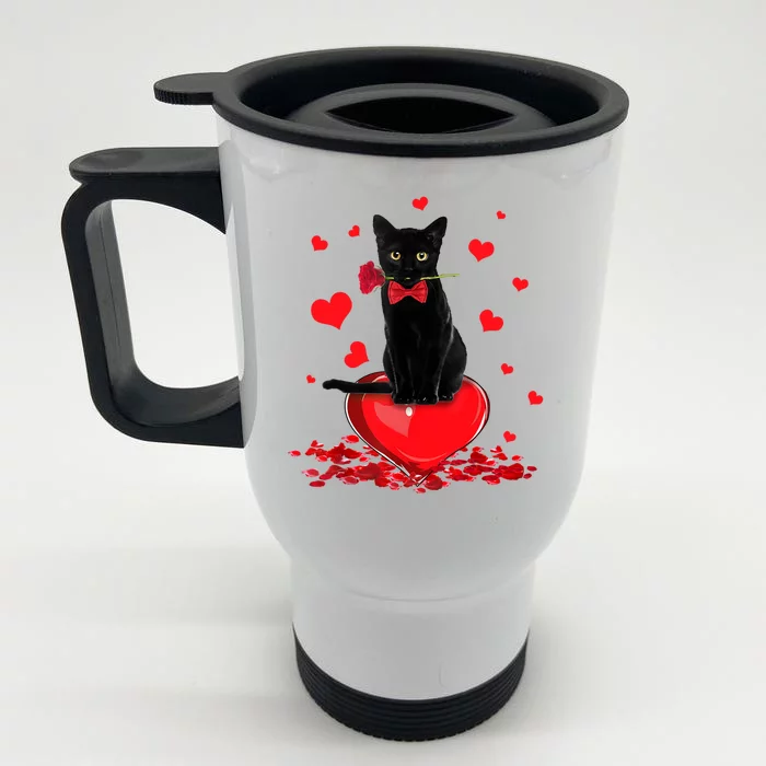 Black Cat Red Rose Valentines Day Front & Back Stainless Steel Travel Mug