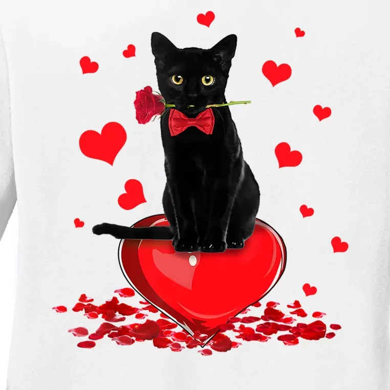 Black Cat Red Rose Valentines Day Ladies Long Sleeve Shirt