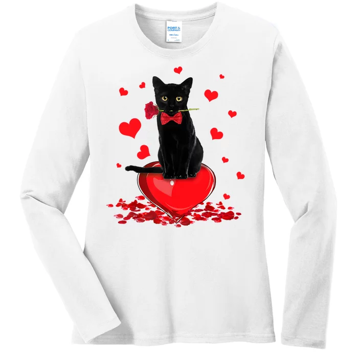 Black Cat Red Rose Valentines Day Ladies Long Sleeve Shirt