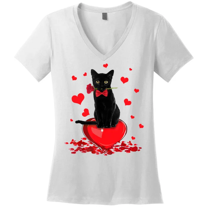 Black Cat Red Rose Valentines Day Women's V-Neck T-Shirt