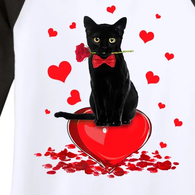 Black Cat Red Rose Valentines Day Women's Tri-Blend 3/4-Sleeve Raglan Shirt