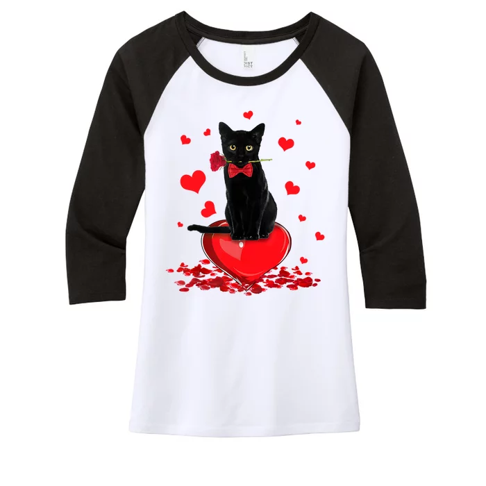 Black Cat Red Rose Valentines Day Women's Tri-Blend 3/4-Sleeve Raglan Shirt