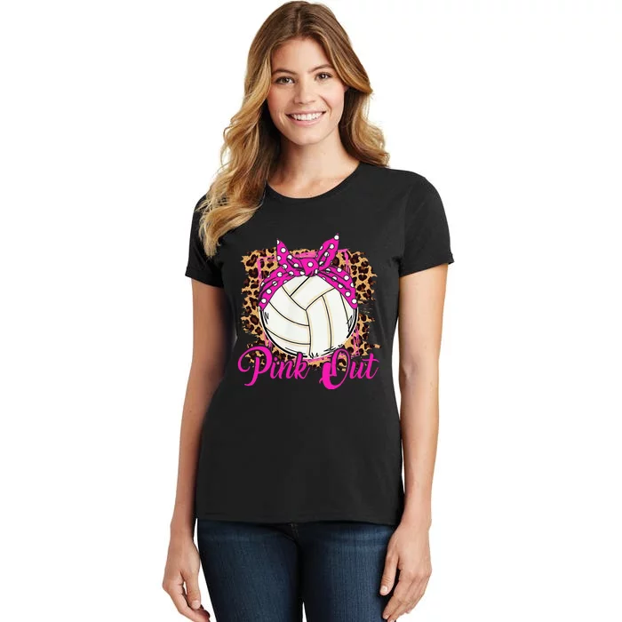 Breast Cancer Ribbon Pink Out Volleyball Pink Ribbon Leopard Women's T-Shirt