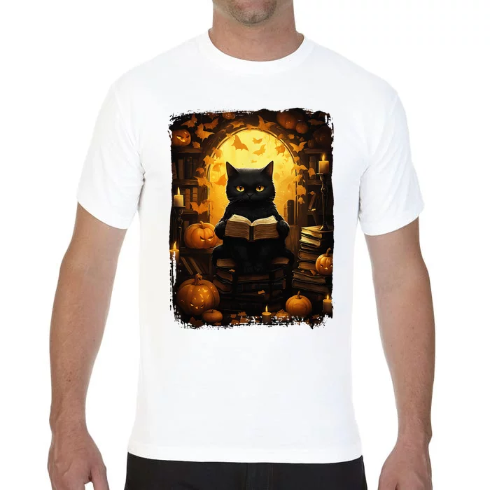 Black Cat Reading Books Pumpkin Autumn Teachers Halloween Comfort Colors T-Shirt