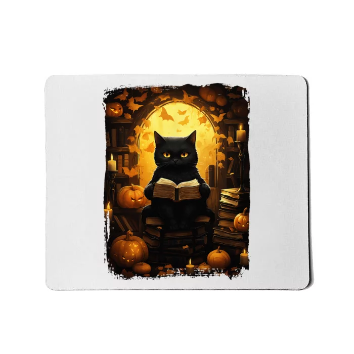 Black Cat Reading Books Pumpkin Autumn Teachers Halloween Mousepad