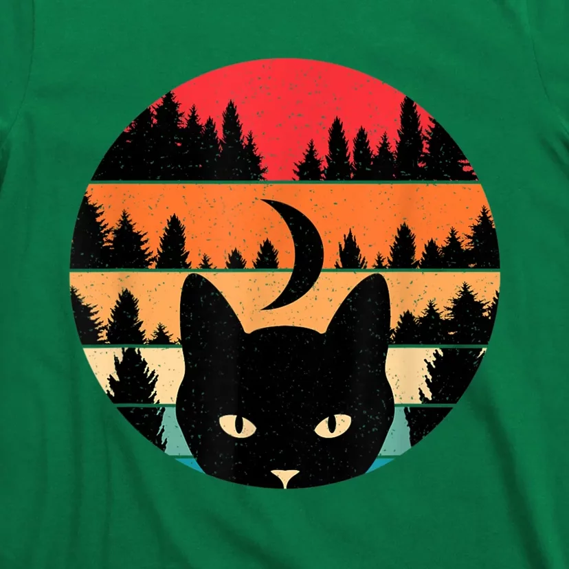 Black Cat Retro Cat Lover Cat Moon Forest T-Shirt