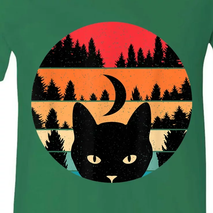 Black Cat Retro Cat Lover Cat Moon Forest V-Neck T-Shirt