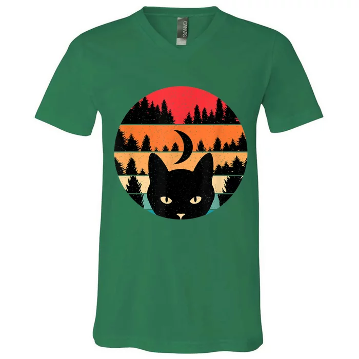 Black Cat Retro Cat Lover Cat Moon Forest V-Neck T-Shirt