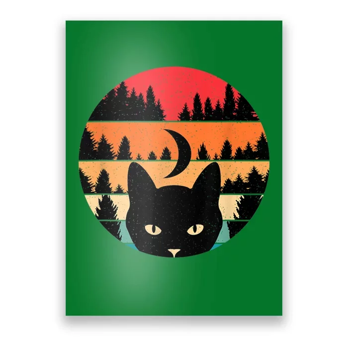 Black Cat Retro Cat Lover Cat Moon Forest Poster