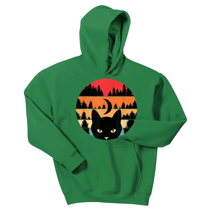 Black Cat Retro Cat Lover Cat Moon Forest Kids Hoodie