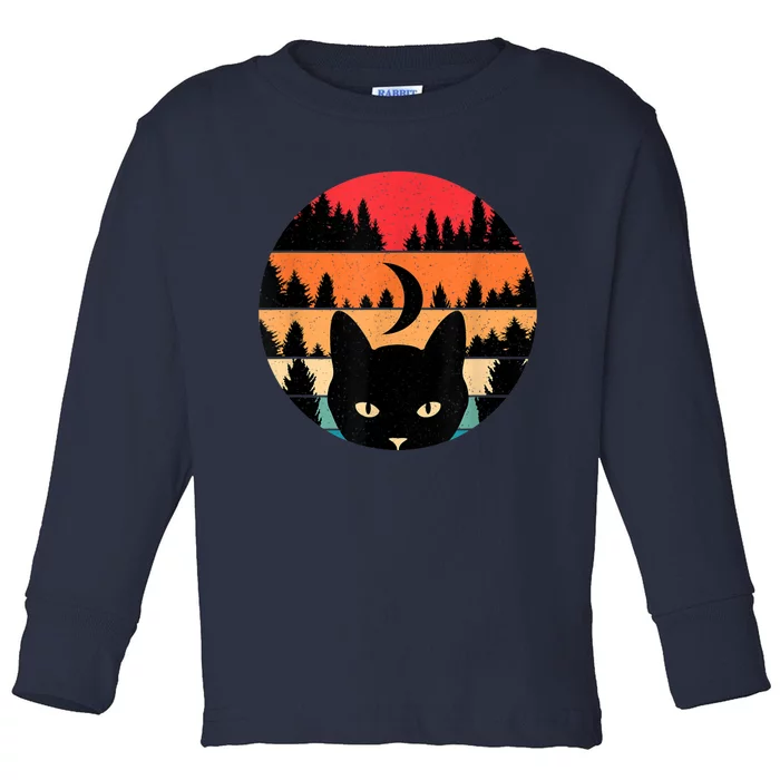 Black Cat Retro Cat Lover Cat Moon Forest Toddler Long Sleeve Shirt