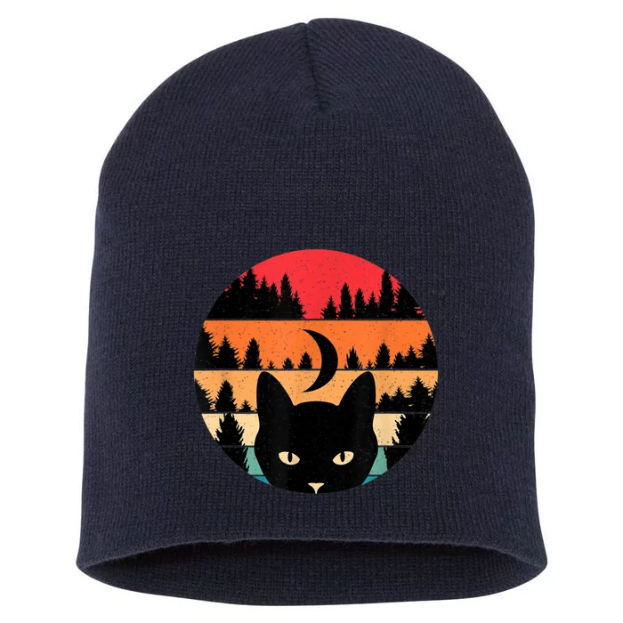 Black Cat Retro Cat Lover Cat Moon Forest Short Acrylic Beanie