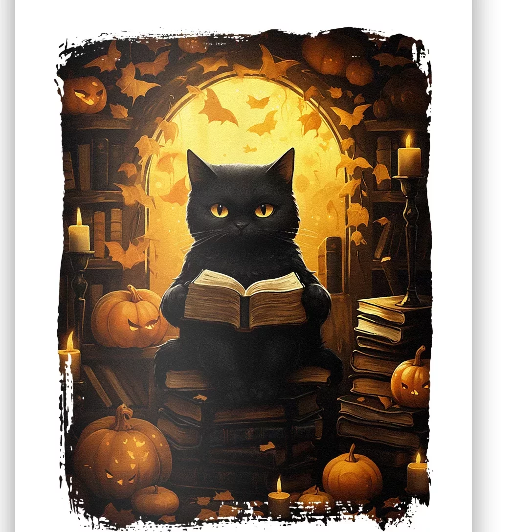 Black Cat Reading Books Pumpkin Autumn Teachers Halloween Poster