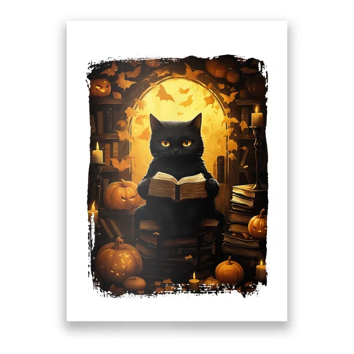 Black Cat Reading Books Pumpkin Autumn Teachers Halloween Poster