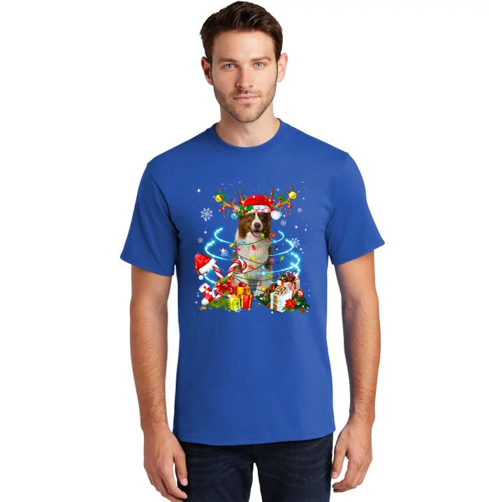 Border Collie Reindeer Christmas Tree Lights Pajama Dog Xmas Gift Tall T-Shirt