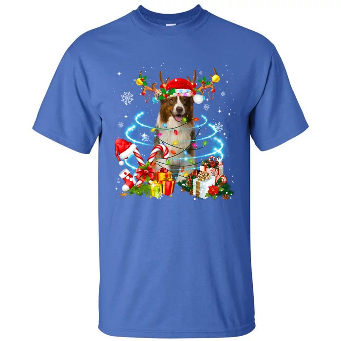 Border Collie Reindeer Christmas Tree Lights Pajama Dog Xmas Gift Tall T-Shirt