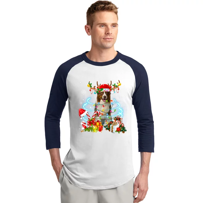 Border Collie Reindeer Christmas Tree Lights Pajama Dog Xmas Gift Baseball Sleeve Shirt