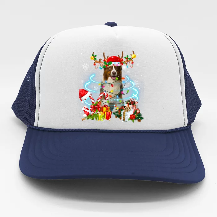 Border Collie Reindeer Christmas Tree Lights Pajama Dog Xmas Gift Trucker Hat