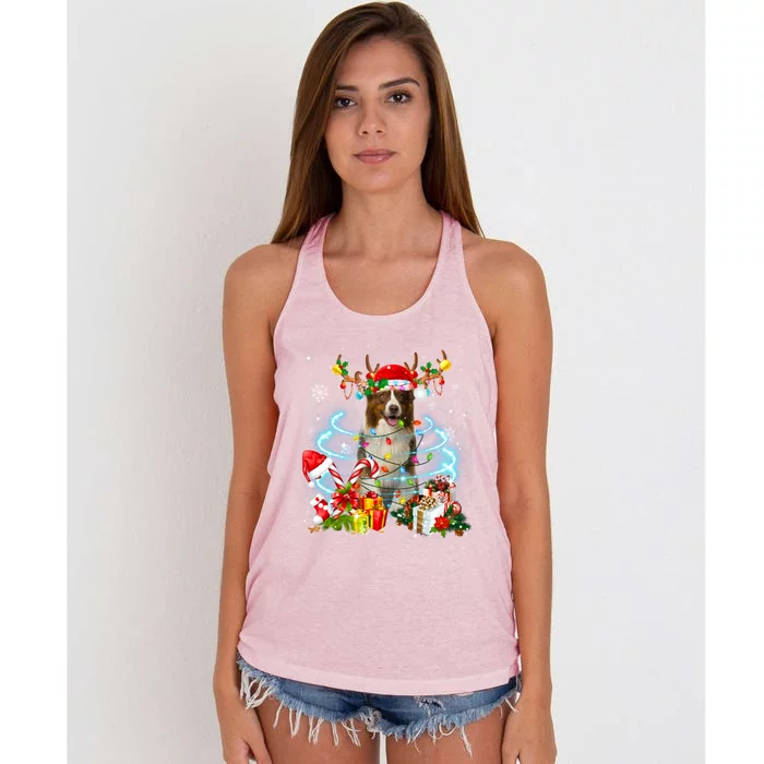 Border Collie Reindeer Christmas Tree Lights Pajama Dog Xmas Gift Women's Knotted Racerback Tank