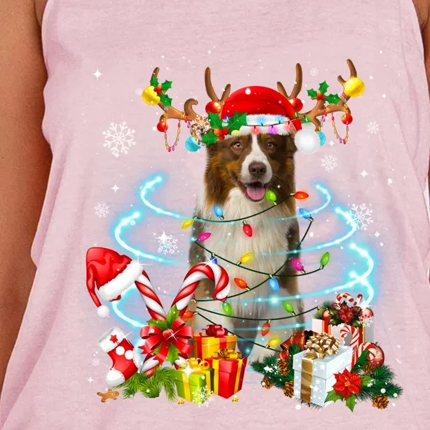 Border Collie Reindeer Christmas Tree Lights Pajama Dog Xmas Gift Women's Knotted Racerback Tank