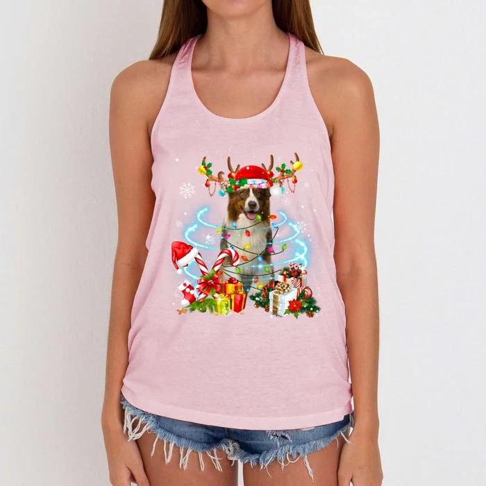 Border Collie Reindeer Christmas Tree Lights Pajama Dog Xmas Gift Women's Knotted Racerback Tank