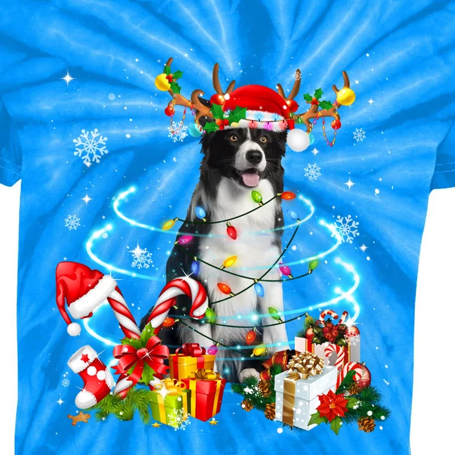 Border Collie Reindeer Christmas Tree Lights Pajama Dog Xmas Cool Gift Kids Tie-Dye T-Shirt