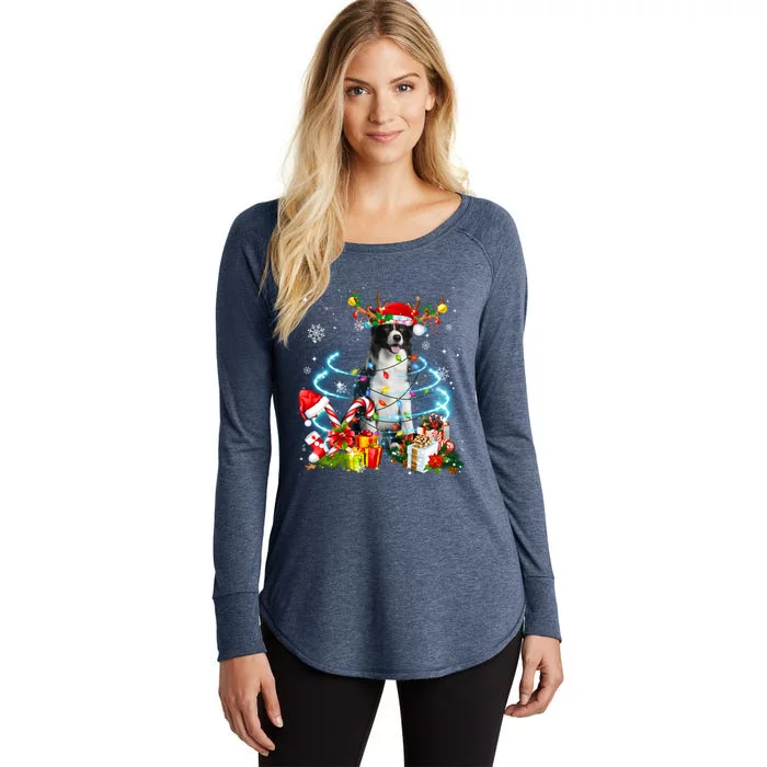 Border Collie Reindeer Christmas Tree Lights Pajama Dog Xmas Cool Gift Women's Perfect Tri Tunic Long Sleeve Shirt