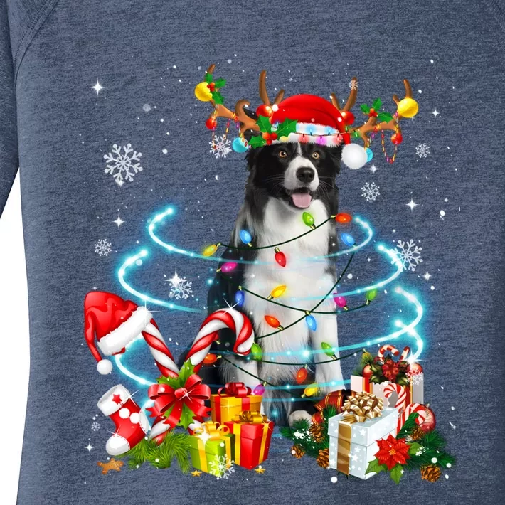 Border Collie Reindeer Christmas Tree Lights Pajama Dog Xmas Cool Gift Women's Perfect Tri Tunic Long Sleeve Shirt