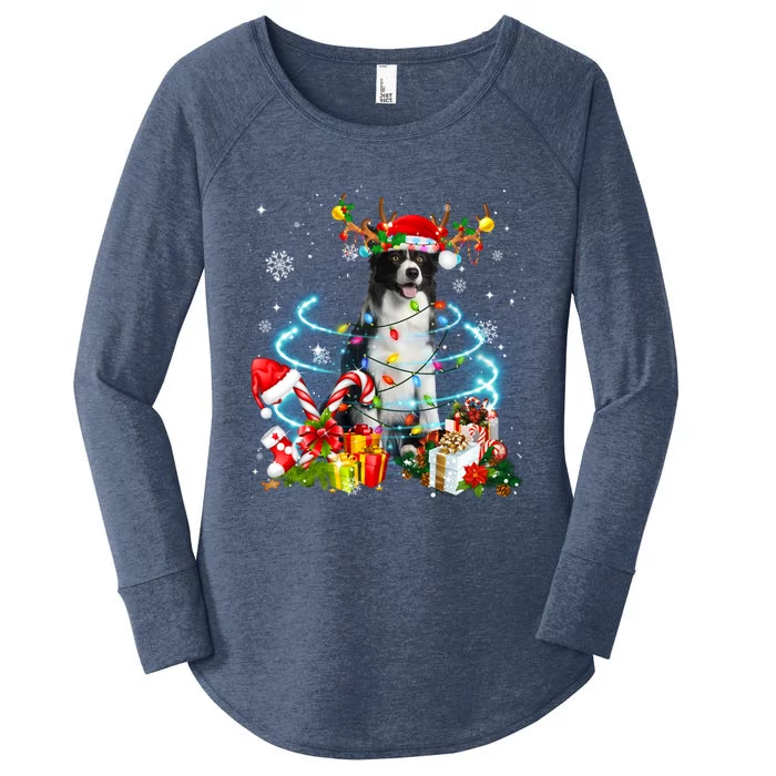 Border Collie Reindeer Christmas Tree Lights Pajama Dog Xmas Cool Gift Women's Perfect Tri Tunic Long Sleeve Shirt