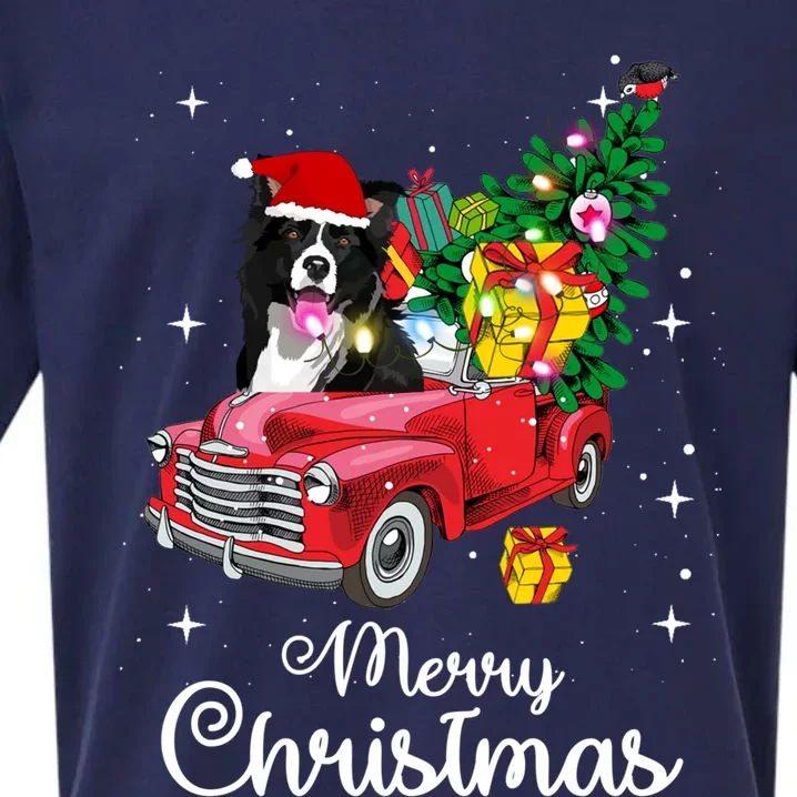 Border Collie Ride Red Truck Christmas Pajama Funny Xmas Dog Gift Sueded Cloud Jersey T-Shirt